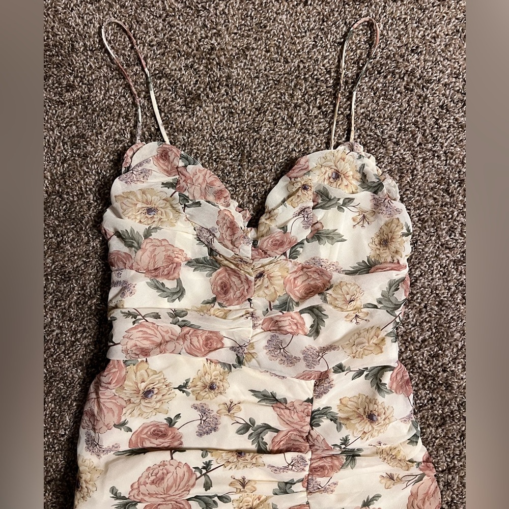 Vici Floral Ruched Midi Dress in Cream with Pink & Green Accents - Picture 9 of 16